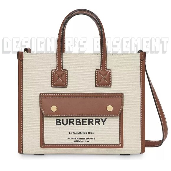 BURBERRY ivory Canvas FREYA Horseferry Logo Leather trim Crossbody Tote Bag NWT - Picture 2 of 11